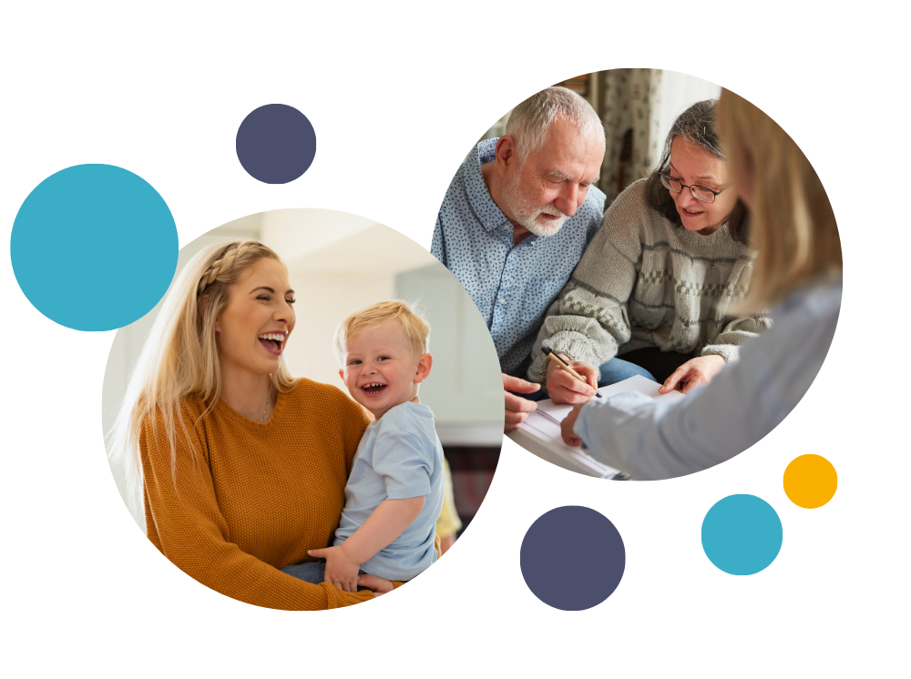 young mother and son laughing and a picture of an older couple signing their will 