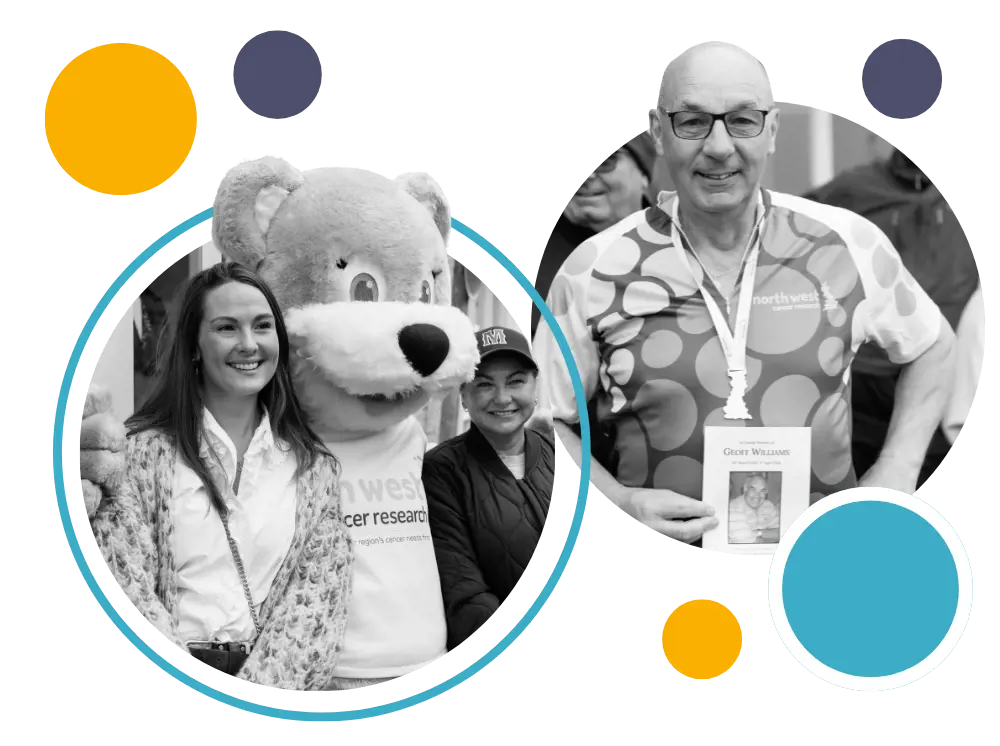 WOMEN AT A FUNDRAISER WITH HOPE BEAR AND A CYCLIST AT CYCLE OF HOPE